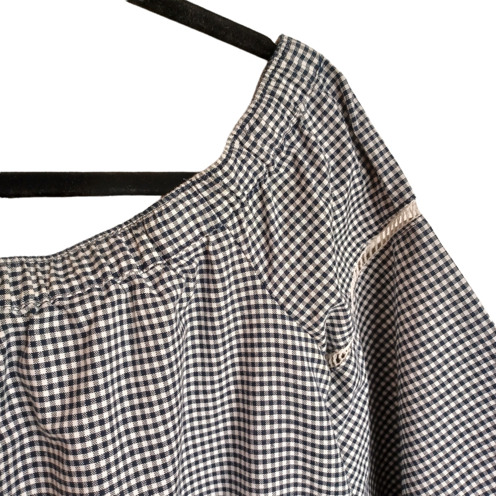 ABERCROMBIE & FITCH Navy Blue White Plaid Checker Print Off Shoulder Flare Top M - Picture 2 of 7